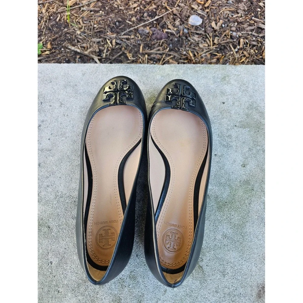 Tory Burch Lowell‎ II Ballet Flat 7M Black Leather Logo Classic Chic Capsule ~